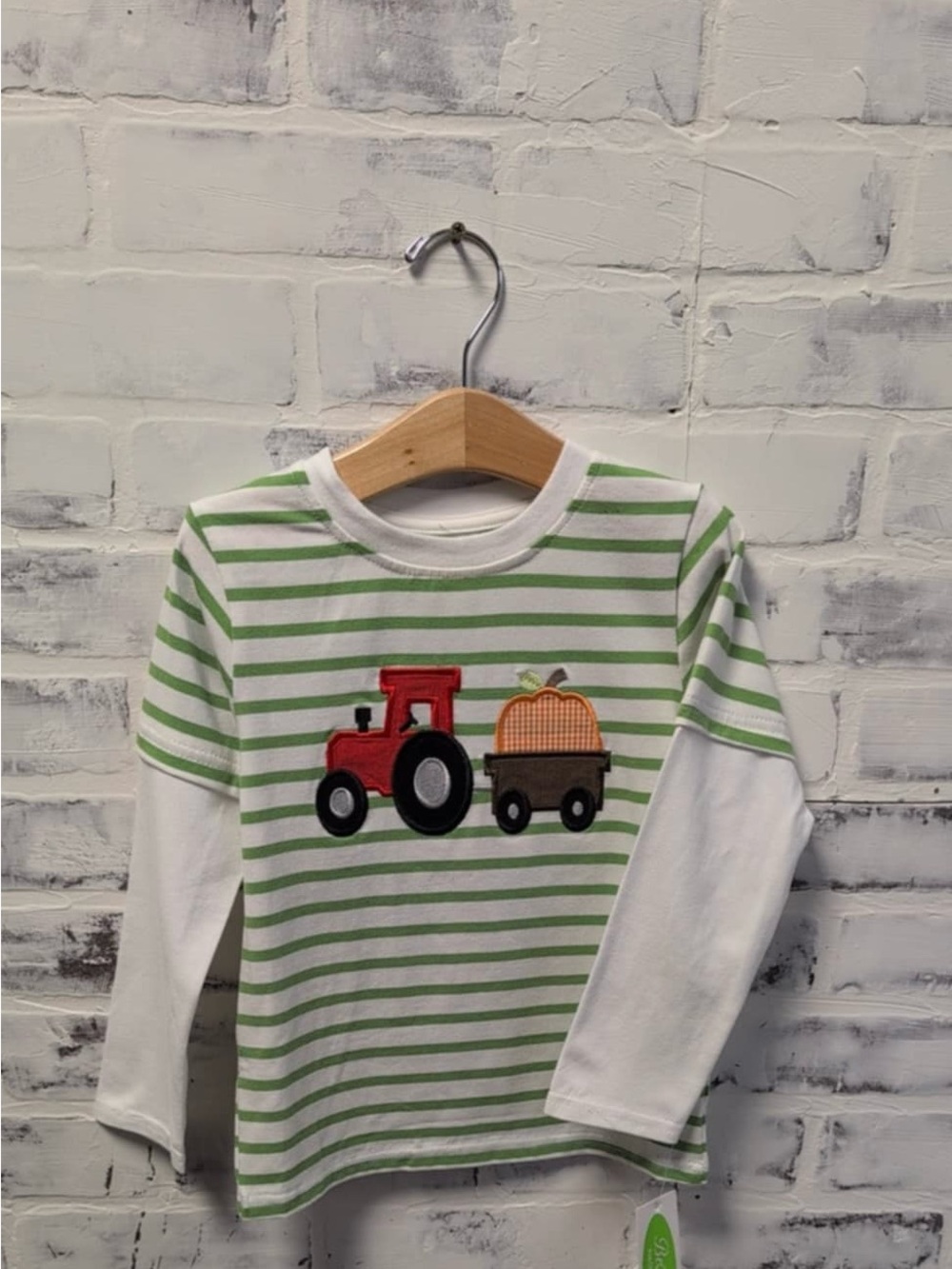 Green Striped Long-Sleeve Kids Tee with Red Tractor Applique